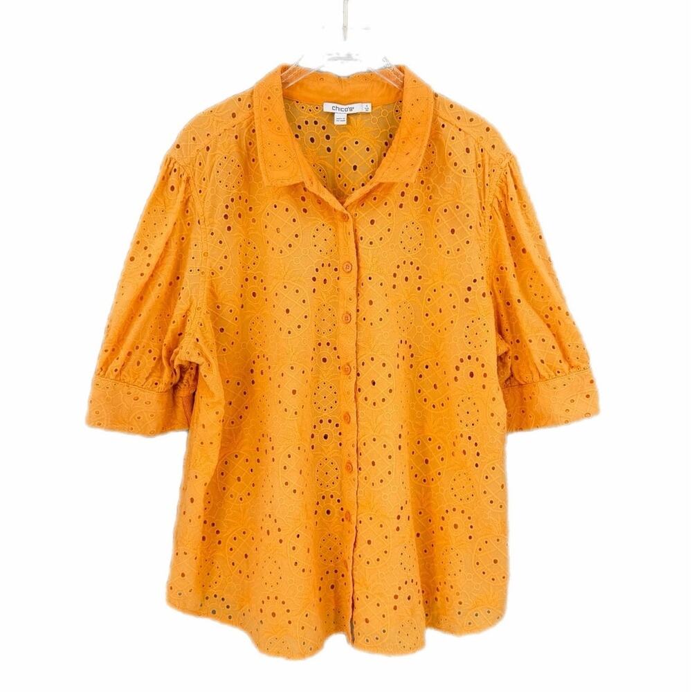 Chico’s 4 Orange Pineapple Eyelet 100% Cotton Casual Bright Summer Vacation Top